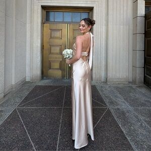 Revelry Gold Champagne Satin Halter Gown with Slit